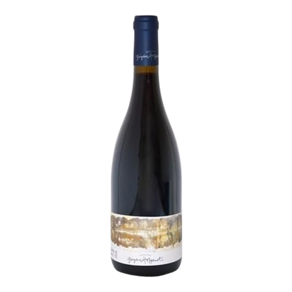 A bottle of red wine with a dark navy blue top and white label featuring gold foil accents, photographed against a plain white background.