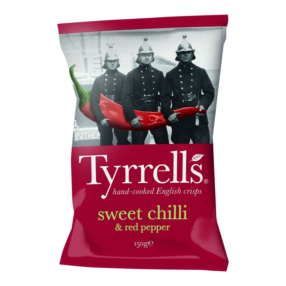 A bag of Tyrrells hand-cooked English crisps in sweet chilli and red pepper flavour, featuring vintage soldiers holding a red chilli pepper on the packaging, 150g size.