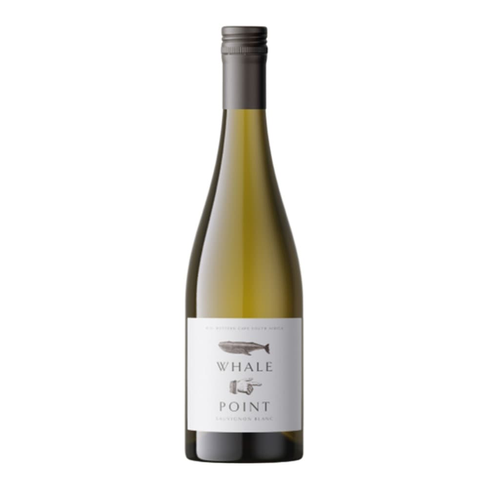 A bottle of Whale Point Sauvignon Blanc white wine against a white background, featuring a minimalist label with a whale illustration.