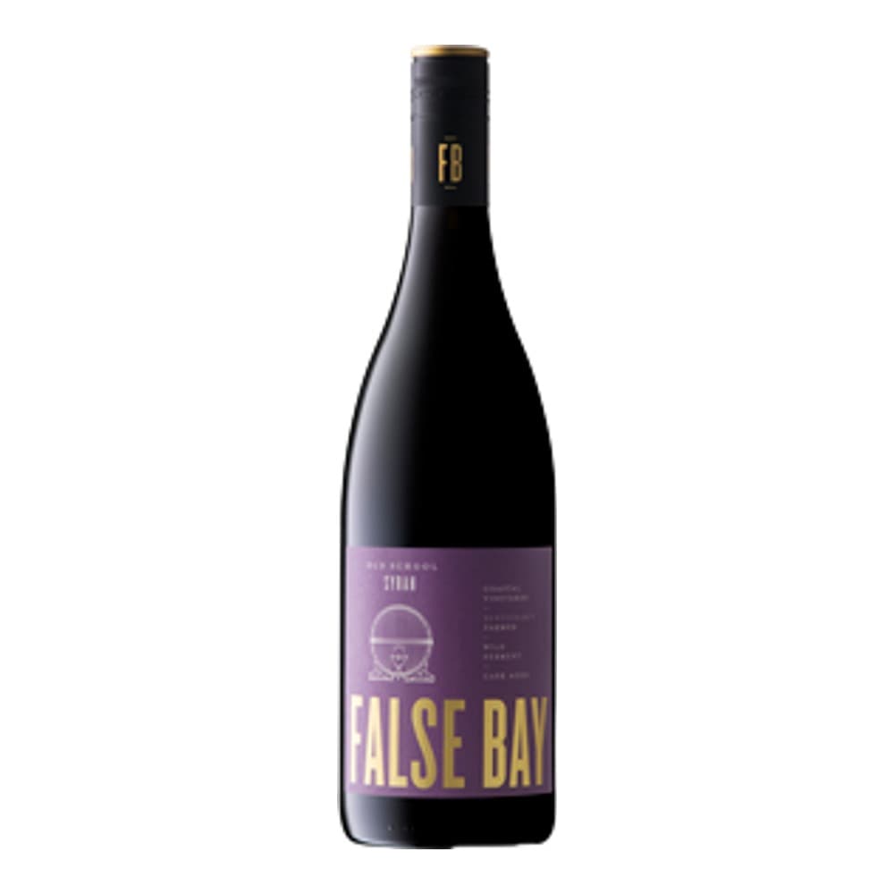 A bottle of False Bay Pinot Noir red wine displayed against a plain background with purple and black label design.