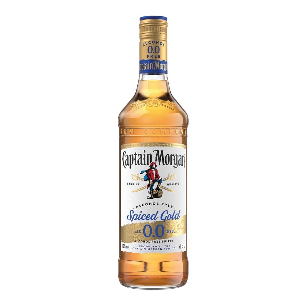 A bottle of Captain Morgan Spiced Gold 0.0% alcohol free spirit against a white background, featuring the iconic Captain Morgan logo and blue and gold labelling.