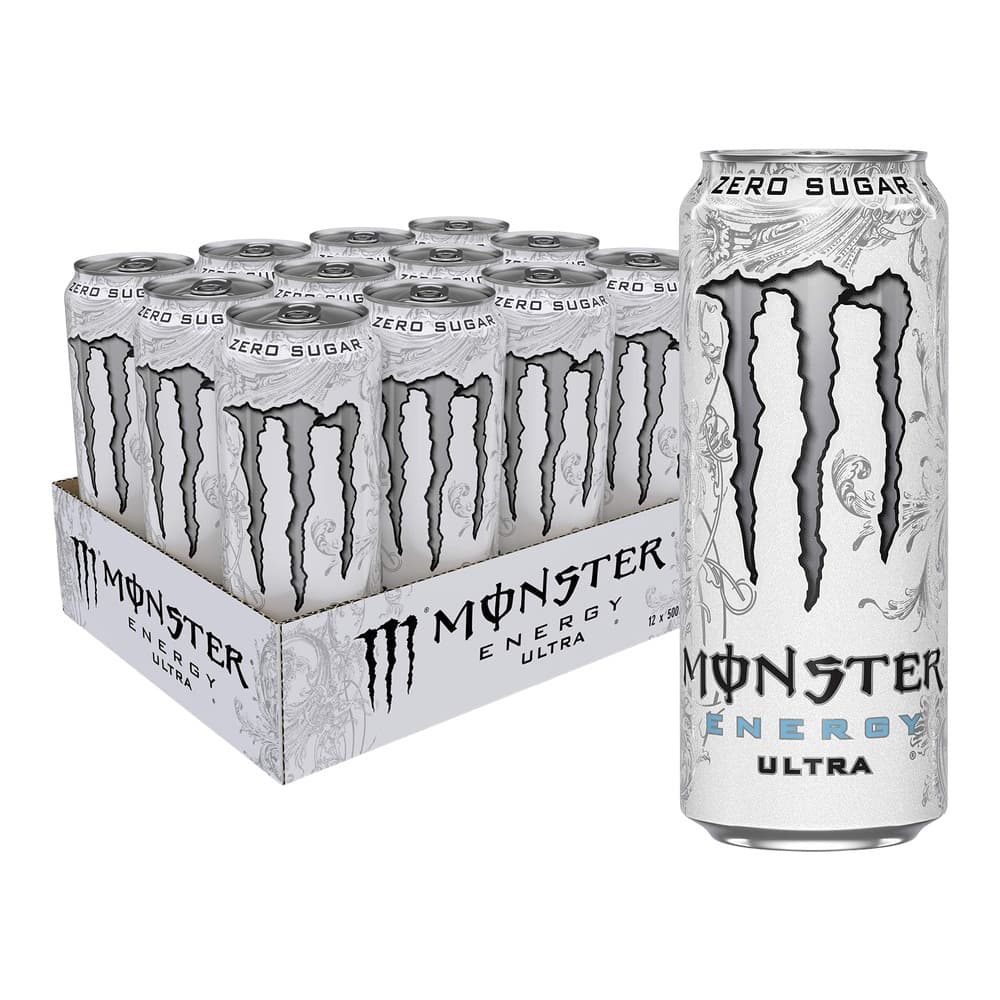 A 12-pack carton of Monster Energy Ultra Zero Sugar drinks with individual cans displayed, featuring white/silver decorative design and black Monster branding.