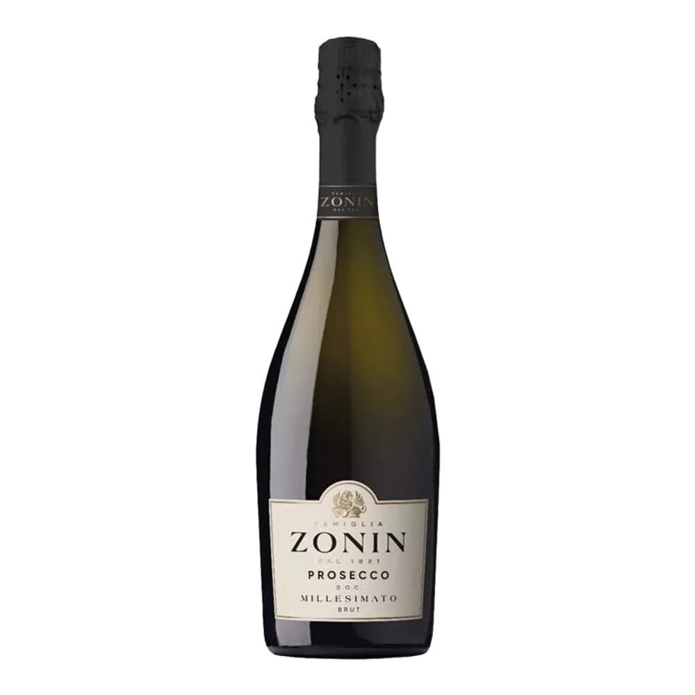 A bottle of Zonin Prosecco Millesimato Brut sparkling wine displayed against a white background