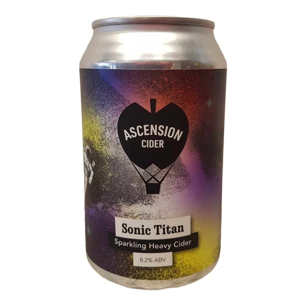 A 440ml aluminium can of Ascension Cider's Sonic Titan sparkling heavy cider with 8.2% ABV, featuring a black apple-shaped logo with hot air balloon design and gradient purple to yellow background.