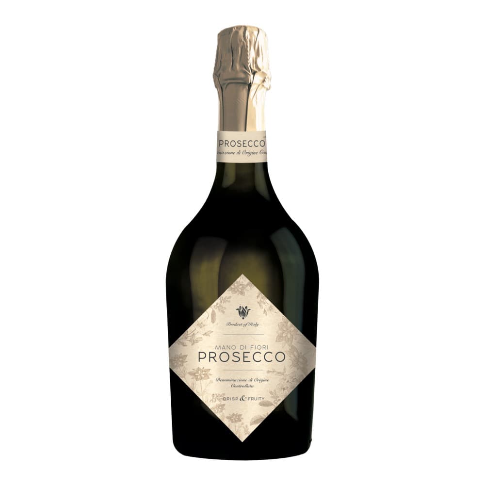A bottle of Mano Di Fiori Prosecco with a diamond-shaped label featuring floral designs, shot against a plain white background.
