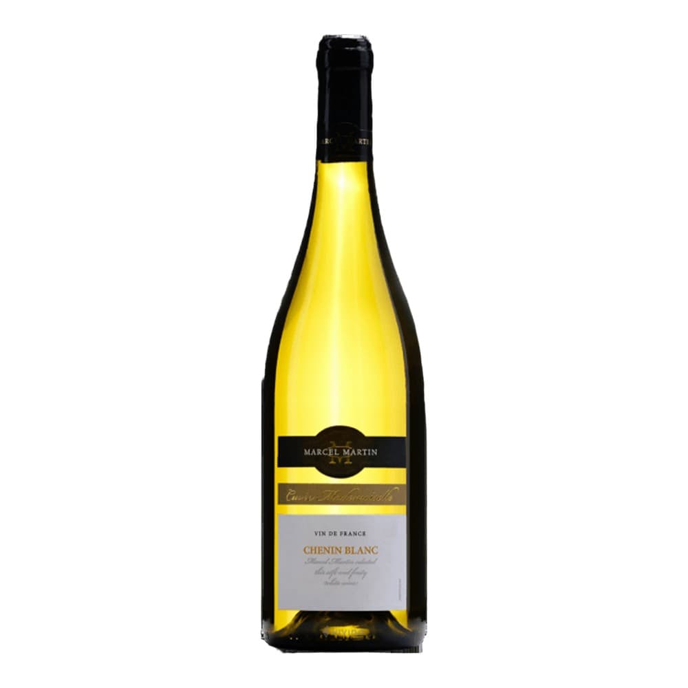 A bottle of Marcel Martin Chenin Blanc white wine from France against a white background.