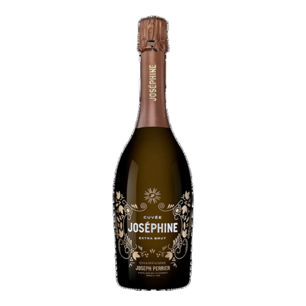 A bottle of Josephine Cuvée Extra Brut champagne with ornate gold label featuring decorative design elements on a plain white background.