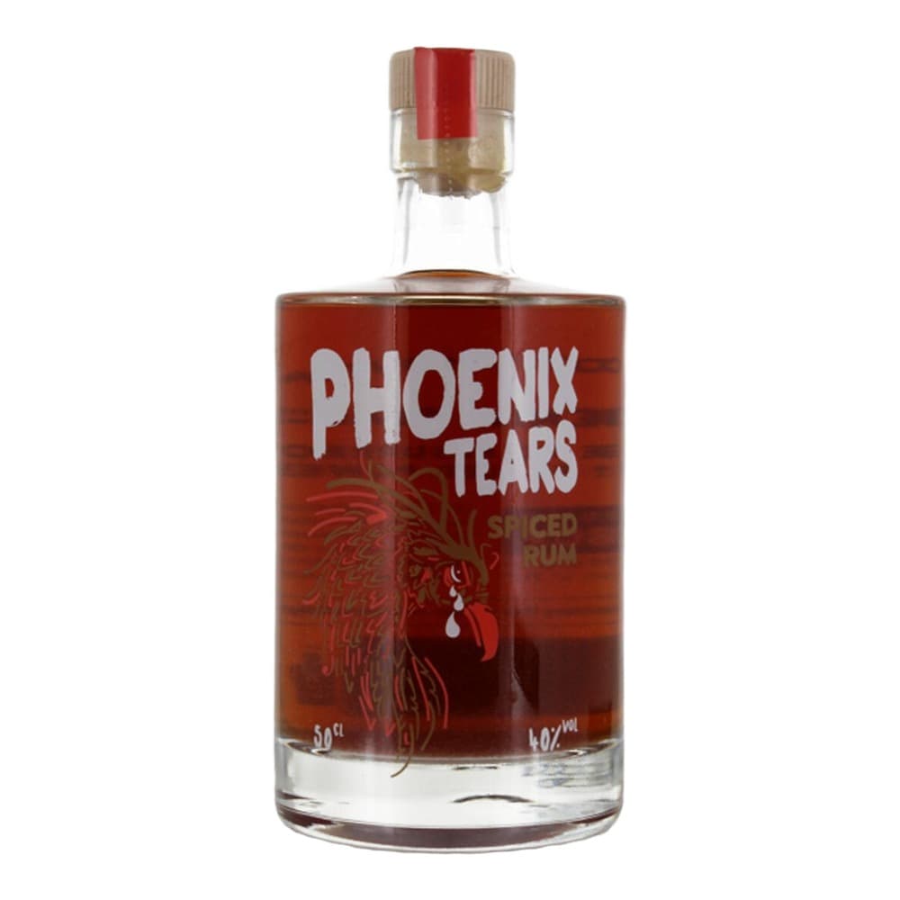 A bottle of Phoenix Tears spiced rum with a red and tan label featuring a phoenix design, displayed on a white background.