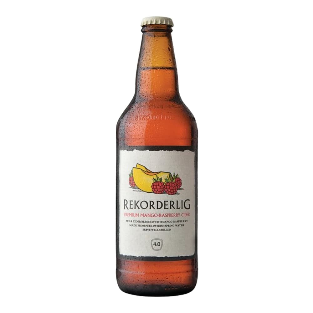 A chilled bottle of Rekorderlig Premium Mango Raspberry Cider with a white label featuring mango and raspberry artwork, photographed against a white background