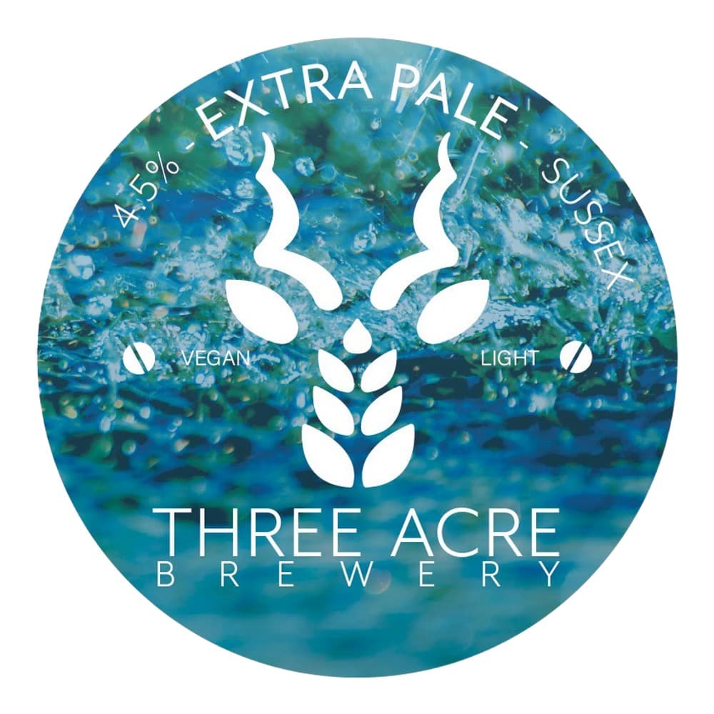 Circular beer label for Three Acre Brewery Extra Pale Ale with turquoise and blue abstract background, featuring deer antler logo and product information