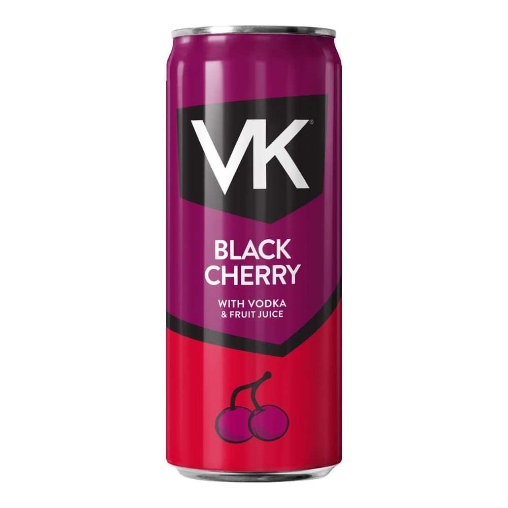 A vibrant purple and red aluminium can of VK Black Cherry flavoured vodka drink with fruit juice, featuring the VK logo and black cherry illustration on a plain background.