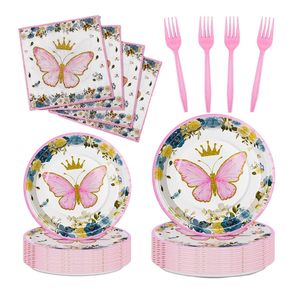 A coordinated disposable tableware set featuring pink plates, napkins, and forks decorated with pink butterflies, gold crowns, and colourful flowers on a white background.