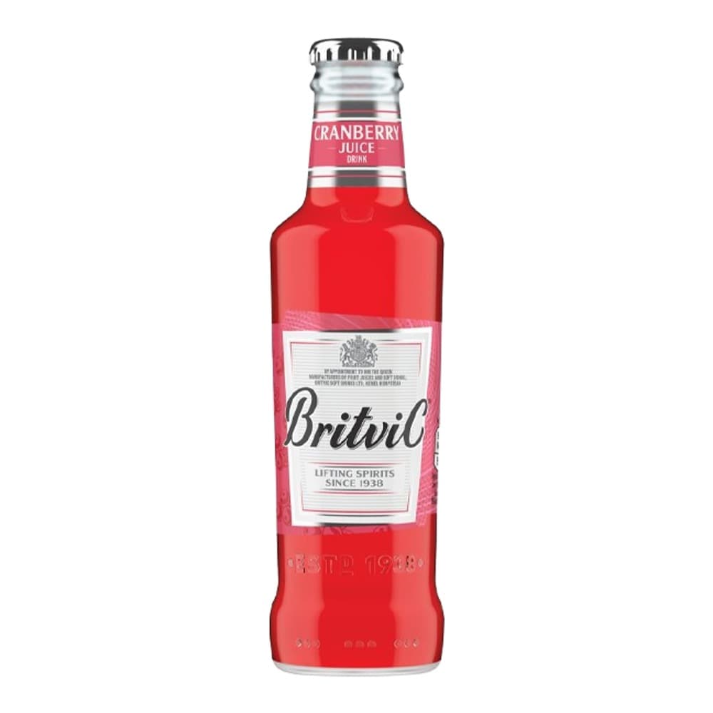 A bottle of Britvic cranberry juice with a bright red label and metal crown cap, displayed against a white background.