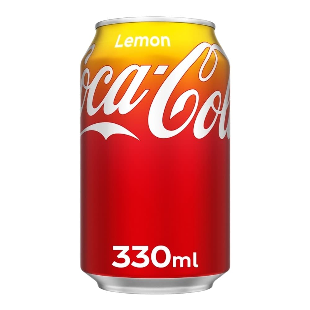 A Coca-Cola Lemon flavoured aluminium can on a white background, showing the iconic red and yellow gradient design with white branding and 330ml volume marking.