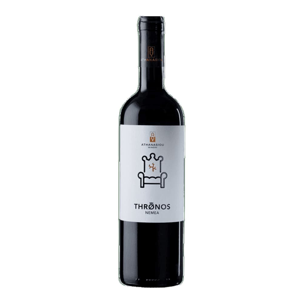 A bottle of Athanasiou Thronos Nemea red wine with white label featuring a throne illustration, photographed against a plain white background.