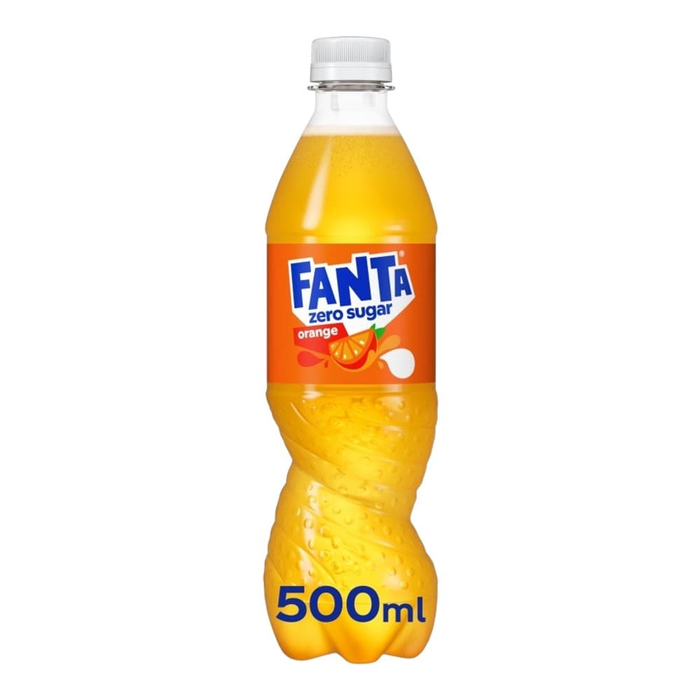 A 500ml plastic bottle of Fanta Zero Sugar orange flavoured drink with an orange label and white cap against a white background.
