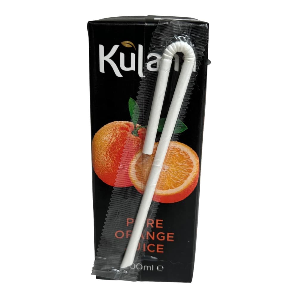 Kula Pure Orange Juice carton with straw attached, featuring fresh orange imagery on black packaging