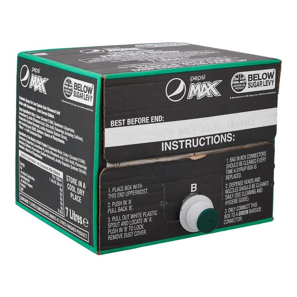 Product packaging for Pepsi Max Below Sugar Levy syrup concentrate in a 7 litre cardboard box with green trim, showing instructions and product information on a plain background.