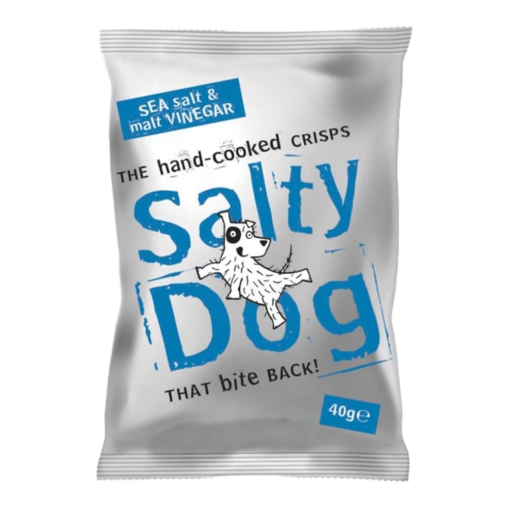 Package of Salty Dog hand-cooked crisps with sea salt and malt vinegar flavour featuring a white dog mascot on a white background