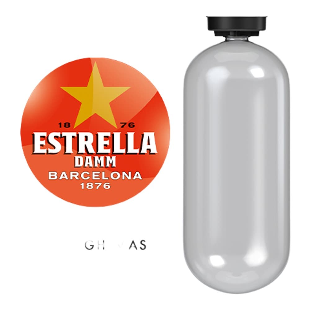 A clear glass beer bottle with black cap next to the red Estrella Damm Barcelona logo featuring a yellow star, and a black Draughtmaster logo symbol.