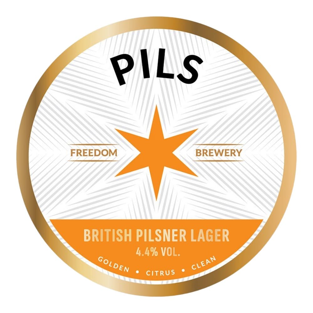 Circular beer label for Freedom Brewery Pils British Pilsner Lager featuring an orange star on white background with gold trim