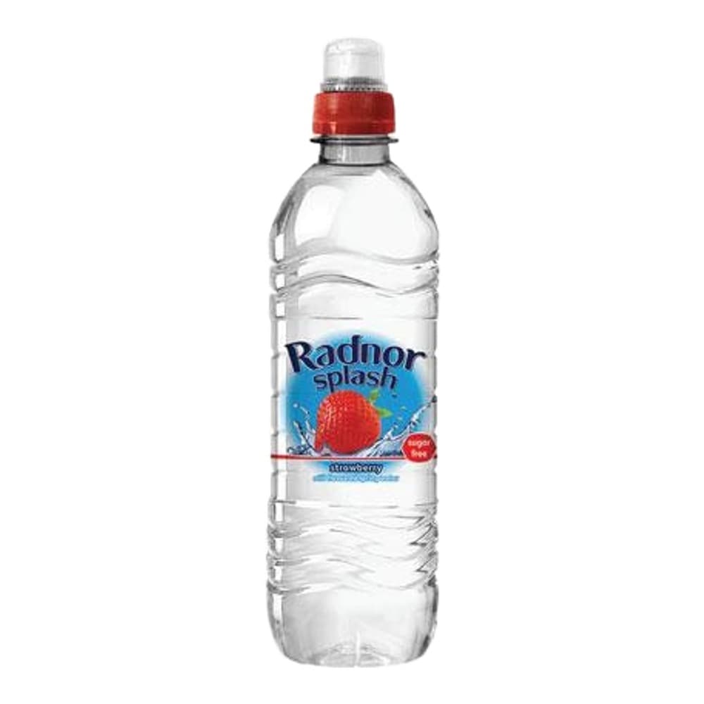 Clear plastic bottle of Radnor Splash strawberry flavoured water with red cap and label featuring a strawberry and water splash design