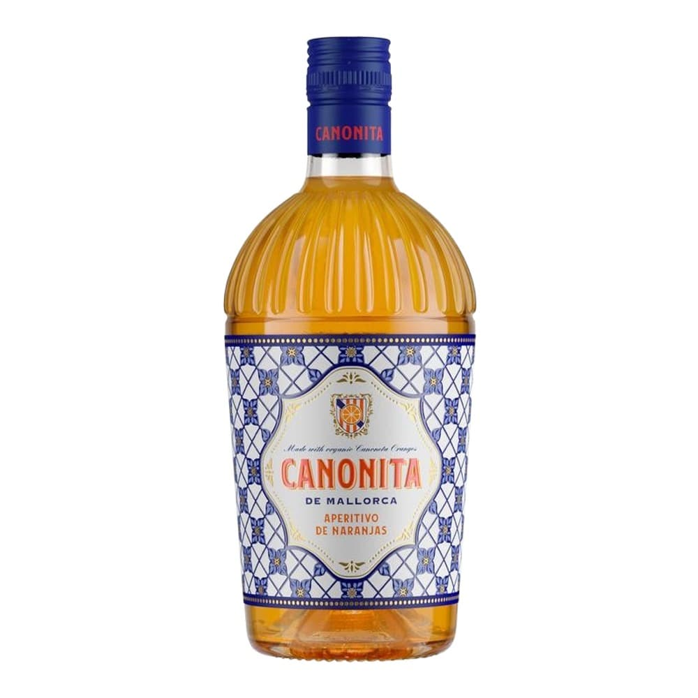 A bottle of Canonita De Mallorca orange aperitif with a blue and white decorative label on a white background.