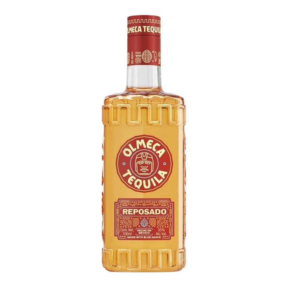 A bottle of Olmeca Tequila Reposado with a gold-coloured liquid, red and gold label, and red cap against a white background.