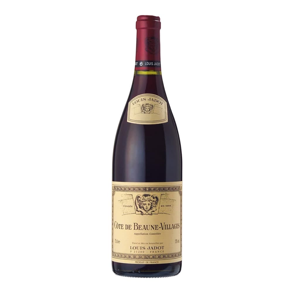 A bottle of Louis Jadot Côte de Beaune-Villages red wine with cream and gold label on white background.