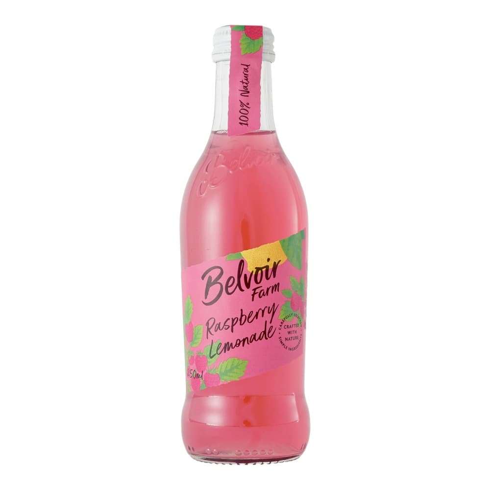 A bottle of Belvair Farm raspberry lemonade with a pink label featuring raspberries and green leaves on a white background