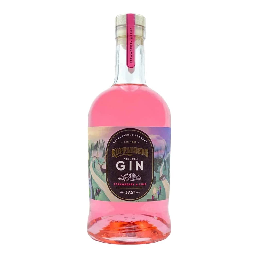 A bottle of Kopparberg Premium Gin with strawberry and lime flavour, featuring a pink liquid and decorative label with forest scenery, against a white background.