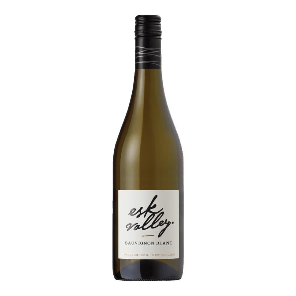 Bottle of Esk Valley Sauvignon Blanc white wine from Marlborough, New Zealand, with black cap and white label on white background