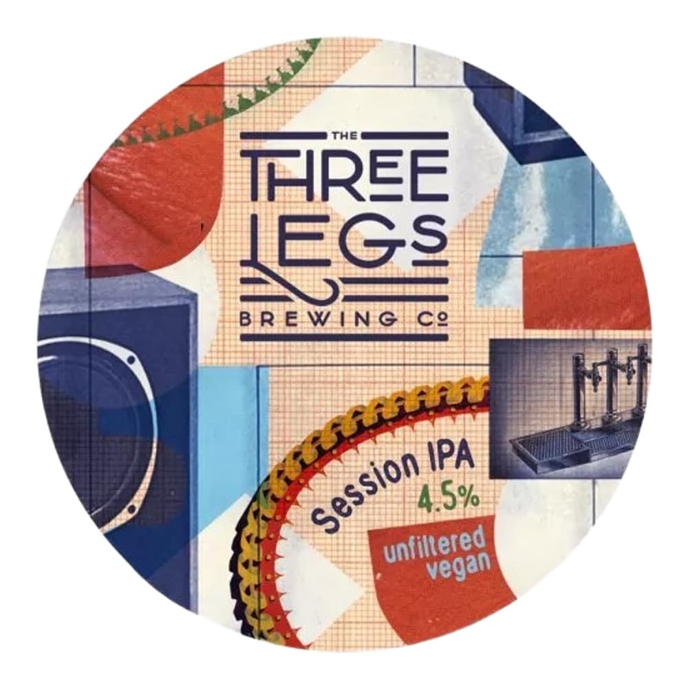 Circular beer bottle label for Three Legs Brewing Co. Session IPA featuring a modern geometric design with colourful blocks and the text 'Session IPA 4.5% unfiltered vegan'