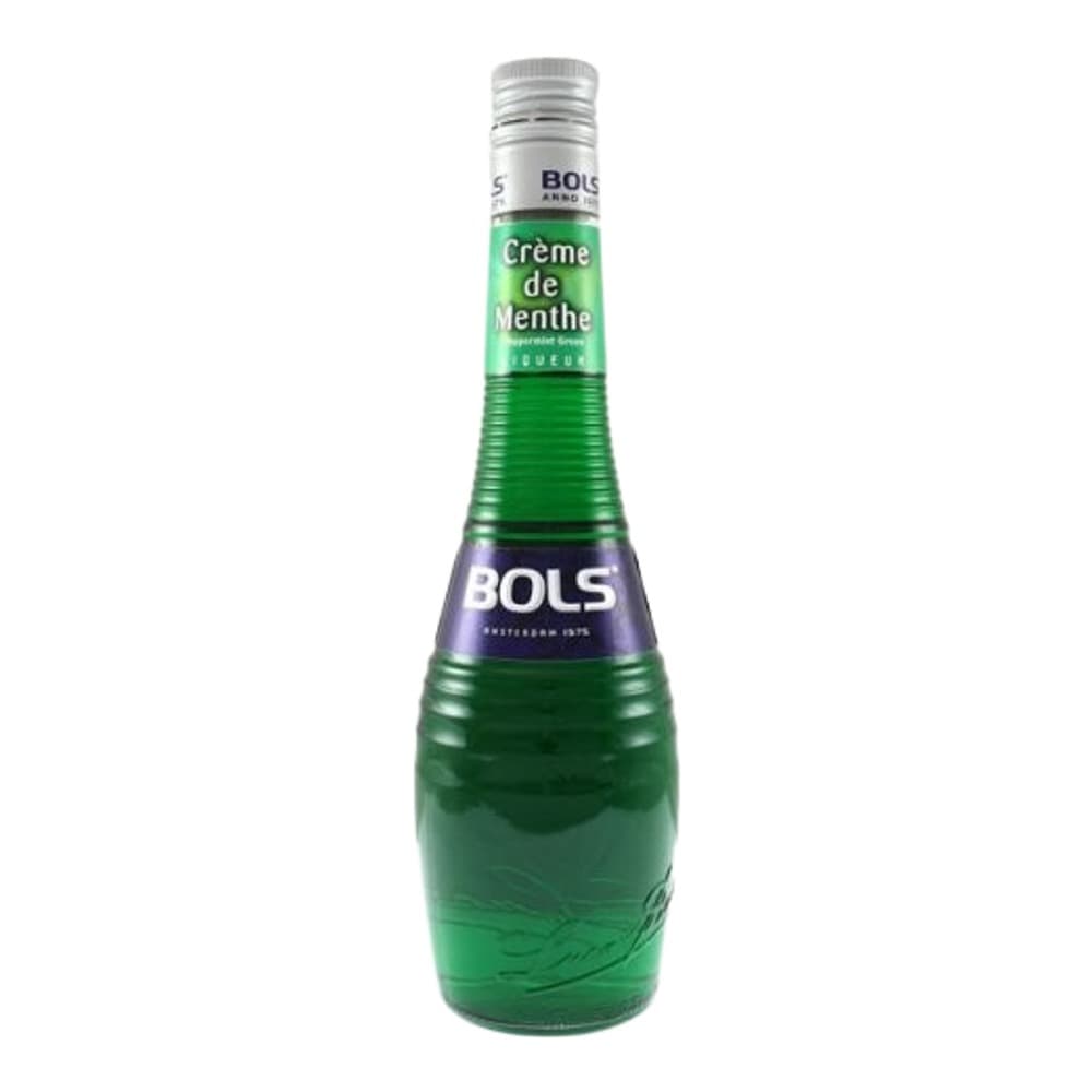 A bottle of Bols Crème de Menthe green liqueur with silver cap on a white background
