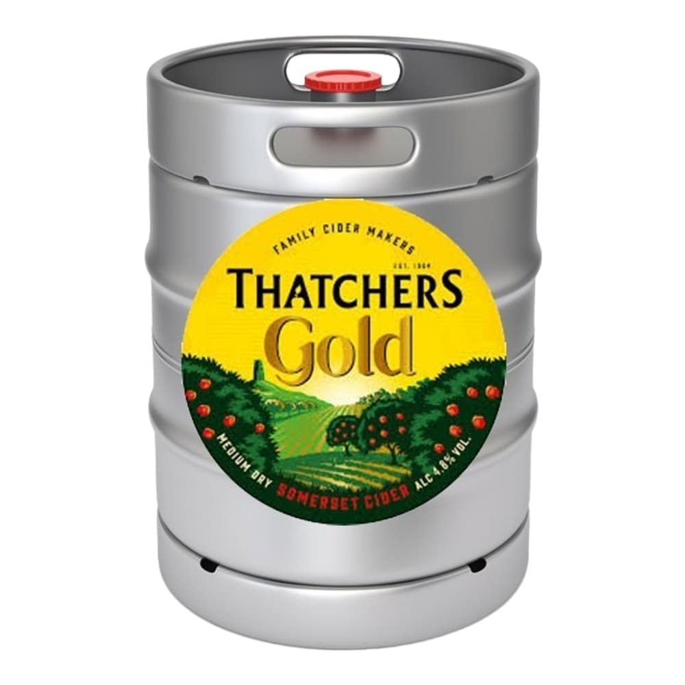 Metallic silver keg of Thatchers Gold cider with yellow label featuring orchard imagery and red tap handle on top