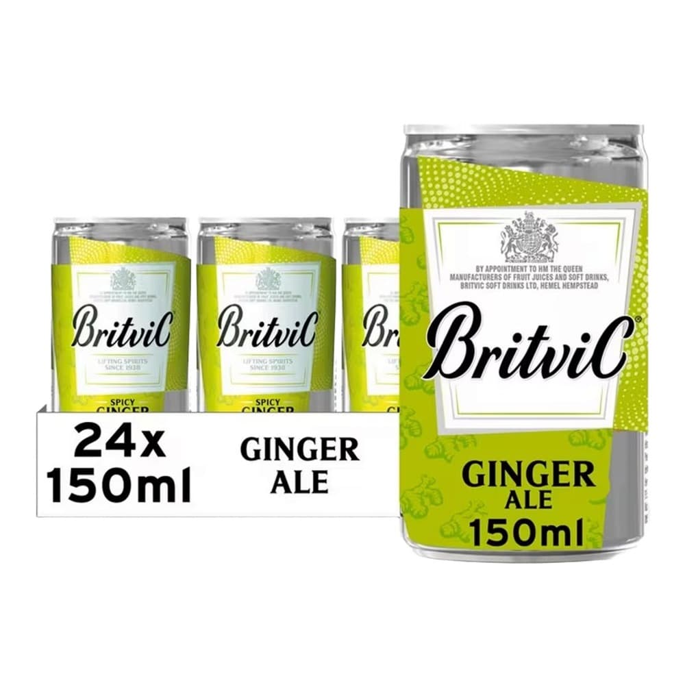 A pack shot of Britvic Spicy Ginger Ale showing a multipack of 24 x 150ml aluminium cans with bright lime green and white branding against a white background.