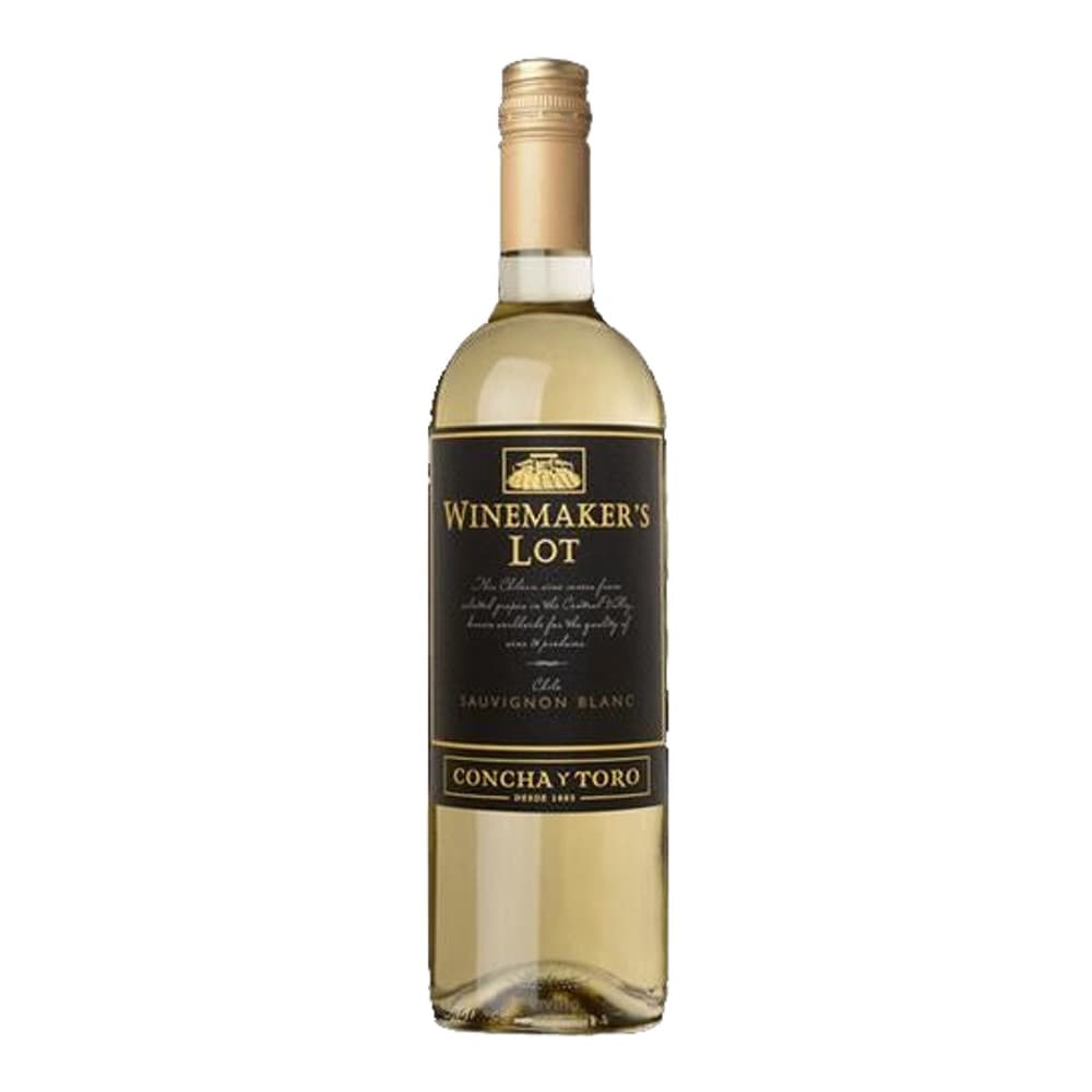 A bottle of Concha y Toro Winemaker's Lot Sauvignon Blanc white wine with a black label and gold foil cap, displayed against a white background.