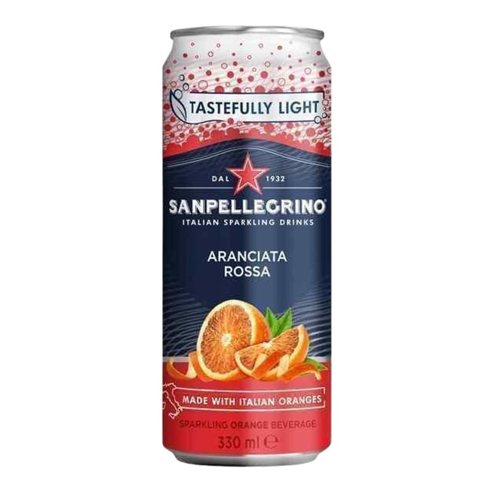 A 330ml can of Sanpellegrino Aranciata Rossa Italian sparkling orange drink featuring red blood orange slices and white background