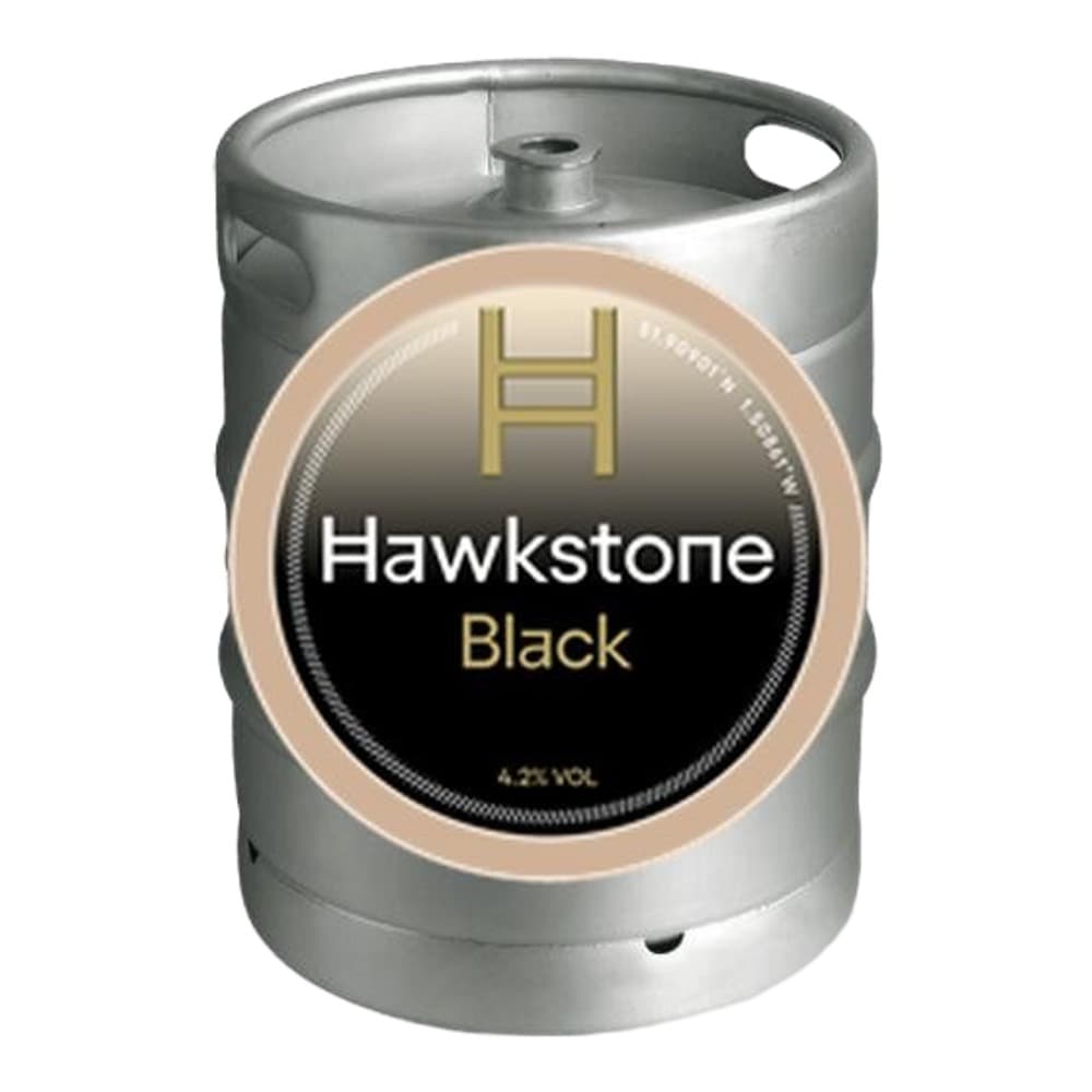 A stainless steel keg with a circular label displaying the Hawkstone Black logo and branding against a neutral background.