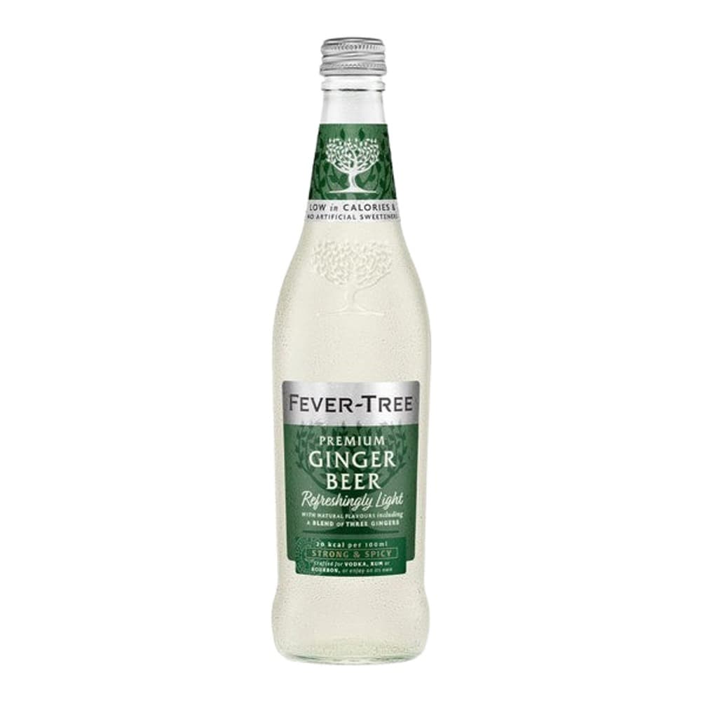 A clear glass bottle of Fever-Tree Premium Ginger Beer with a green and white label, photographed against a white background.