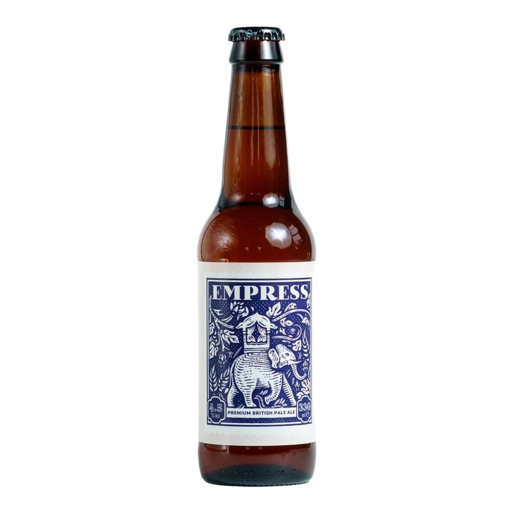 A single bottle of Empress Premium British Pale Ale with a dark blue and white decorative label featuring an ornate elephant design, photographed against a white background.