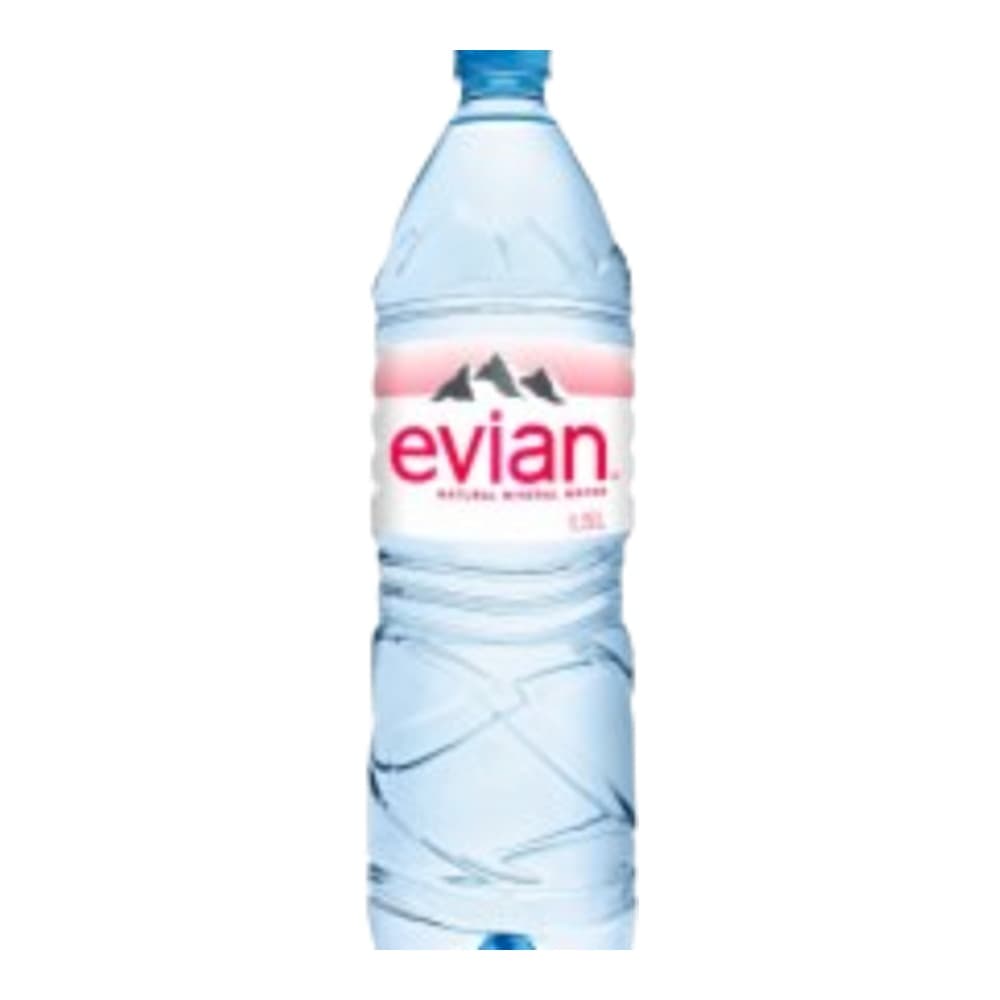 Clear plastic bottle of Evian spring water with blue cap against white background