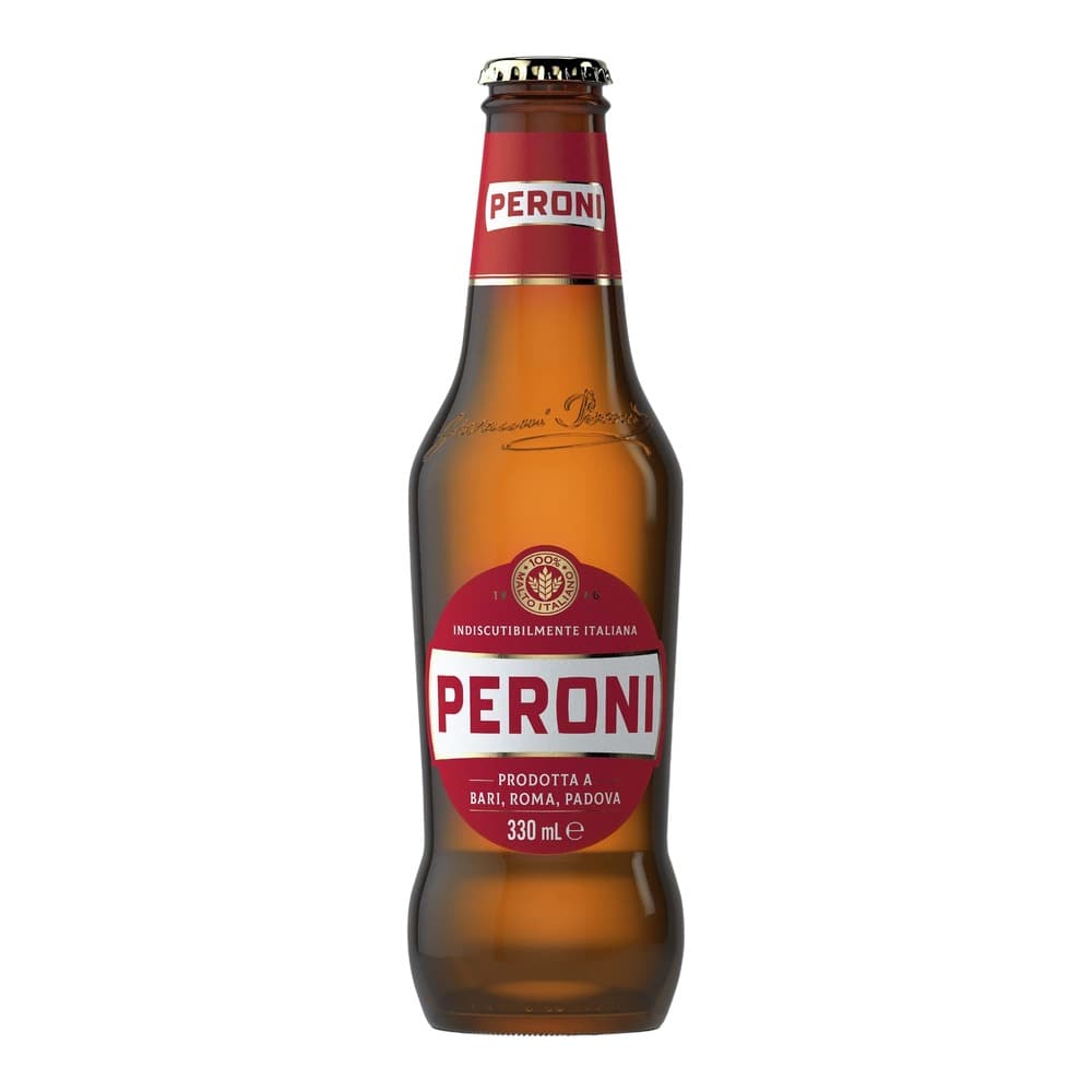 A 330ml bottle of Peroni beer with red and white label on white background
