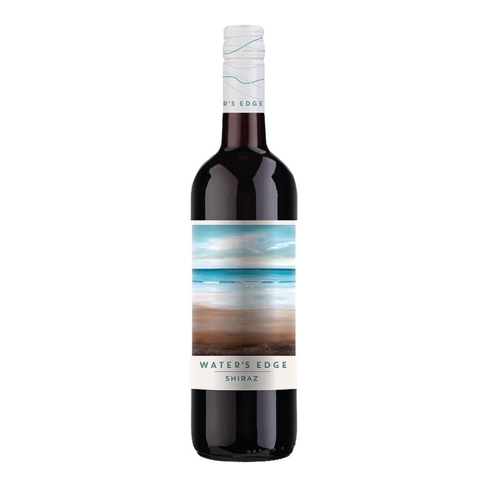 Bottle of Water's Edge Shiraz red wine with beach and ocean landscape label design on white background