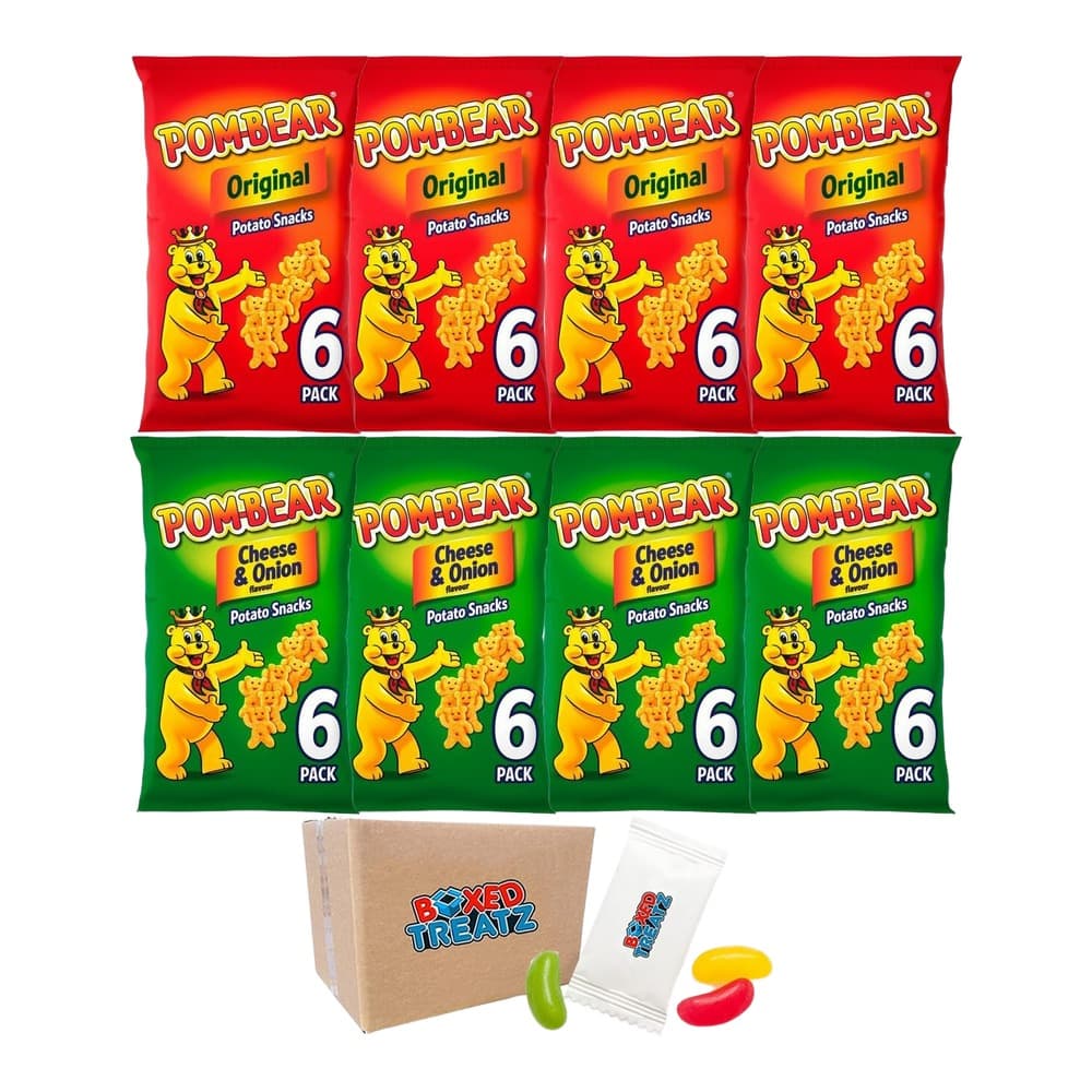 Product display showing Pom-Bear Original and Cheese & Onion flavoured potato snacks in 6-packs, arranged above a Boxed Treatz cardboard box with jelly sweets.