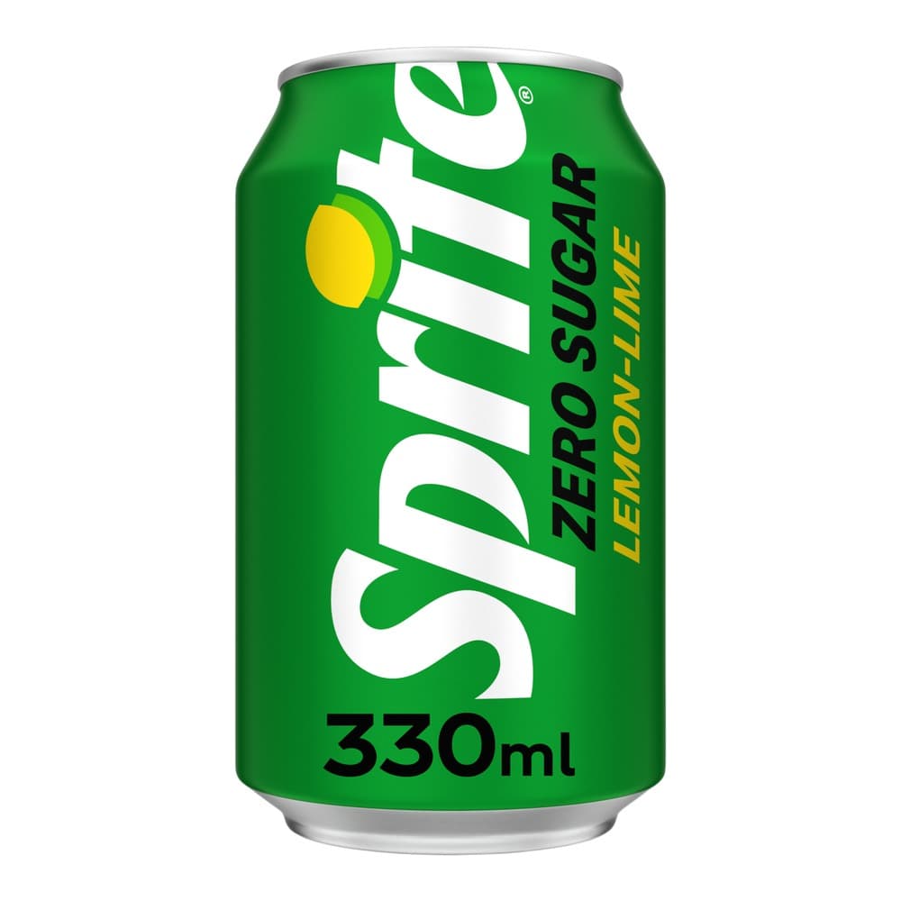 A green Sprite Zero Sugar Lemon-Lime aluminium can with white branding and yellow lemon graphic, 330ml size, isolated on white background.