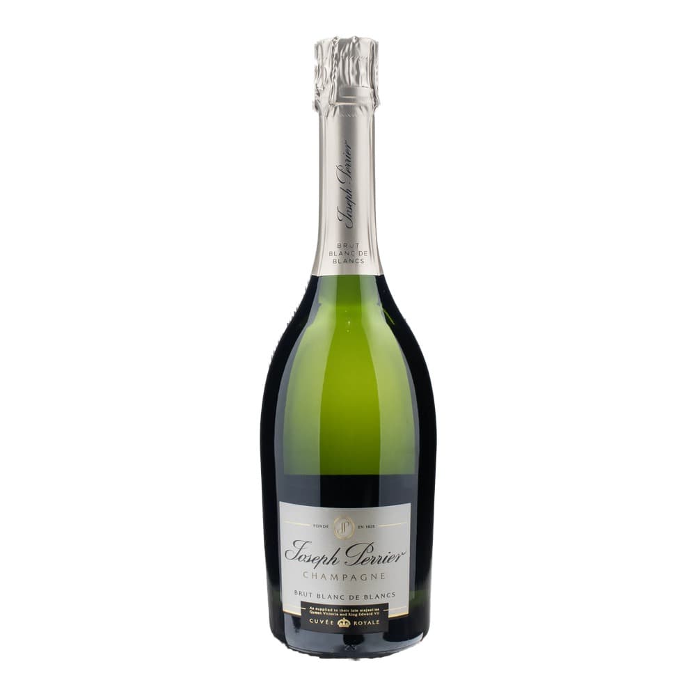 A bottle of Joseph Perrier Champagne Brut Blanc de Blancs with pale yellow-green liquid, displayed against a plain white background.