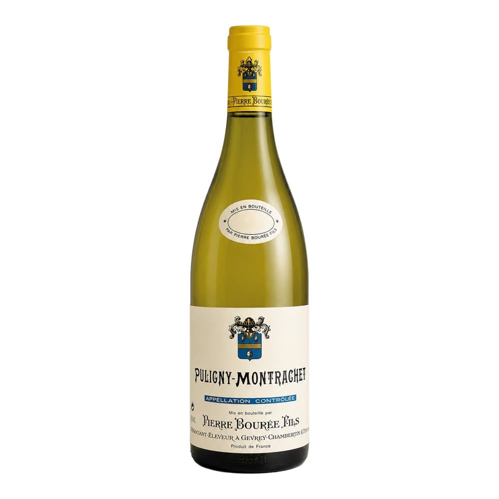 A bottle of Puligny-Montrachet white wine with a yellow foil cap and cream-coloured label, featuring the Pierre Bourée Fils branding and coat of arms, photographed against a white background.