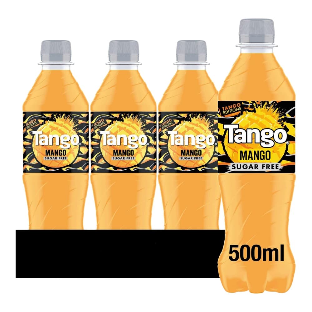 Four plastic bottles of Tango Mango Sugar Free beverage displayed against a white background, showing the product packaging and 500ml volume.