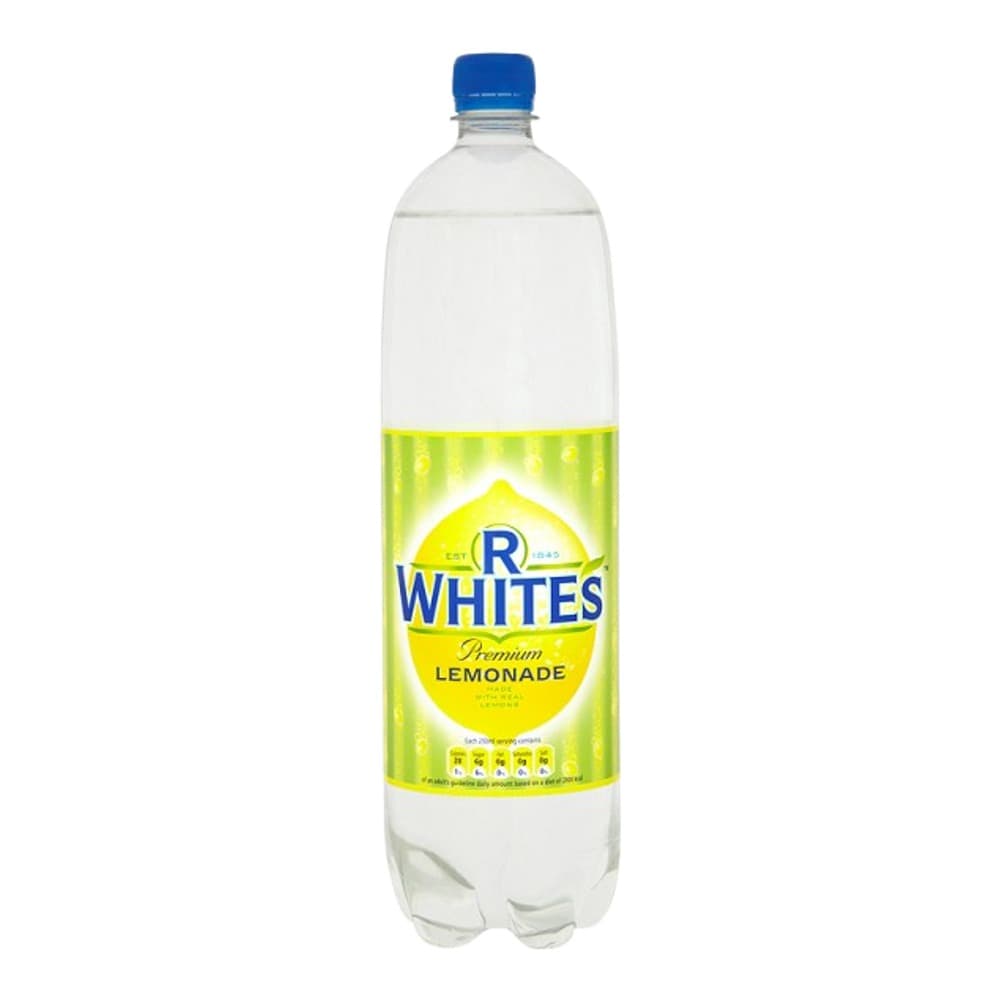 A clear plastic bottle of R Whites Premium Lemonade with a blue cap, featuring a yellow label with a lemon design, isolated on a white background.